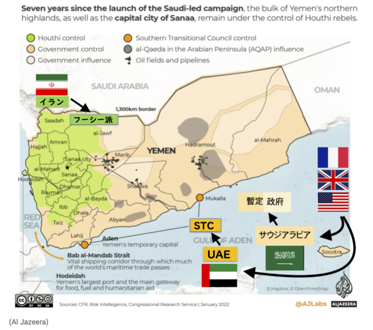 イエメン勢力図_JVC版　Infographic Yemen’s war explained in maps and charts Conflict News Al Jazeera.png