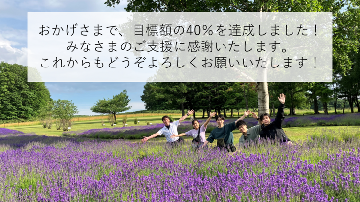 おかげさまで、目標額の40％を達成しました！みなさまのご支援に感謝いたします。これからもどうぞよろしくお願いいたします！