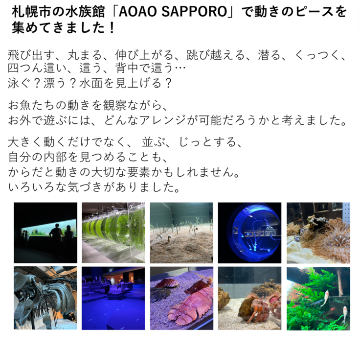 飛び出す、丸まる、伸び上がる、跳び越える、潜る、くっつく、四つん這い、這う、背中で這う…泳ぐ?漂う?水面を見上げる? お魚たちの動きを観察ながら、 お外で遊ぶには、どんなアレンジが可能だろうかと考えました。 大きく動くだけでなく、 並ぶ、じっとする、自分の内部を見つめることも、からだと動きの大切な要素かもしれません。 いろいろな気づきがありました。
