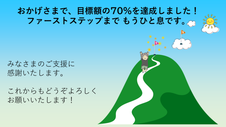 おかげさまで、目標額の70%を達成しました! ファーストステップまで もうひと息です。みなさまのご支援に感謝いたします。 これからもどうぞよろしくお願いいたします!