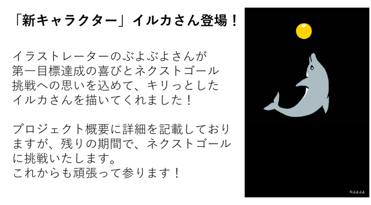 イラストレーターのぶよぶよさんが 第一目標達成の喜びとネクストゴール挑戦への思いを込めて、キリっとした　イルカさんを描いてくれました！  プロジェクト概要に詳細を記載しておりますが、残りの期間で、ネクストゴールに挑戦いたします。 これからも頑張って参ります！