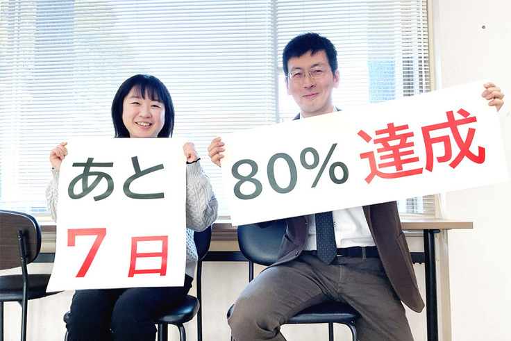 「あと7日」「80%達成」と書かれた紙を持っている写真
