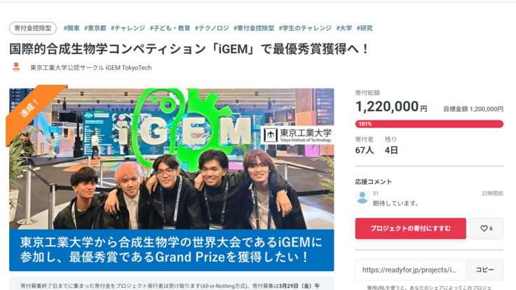 達成したクラウドファンディングのトップページ