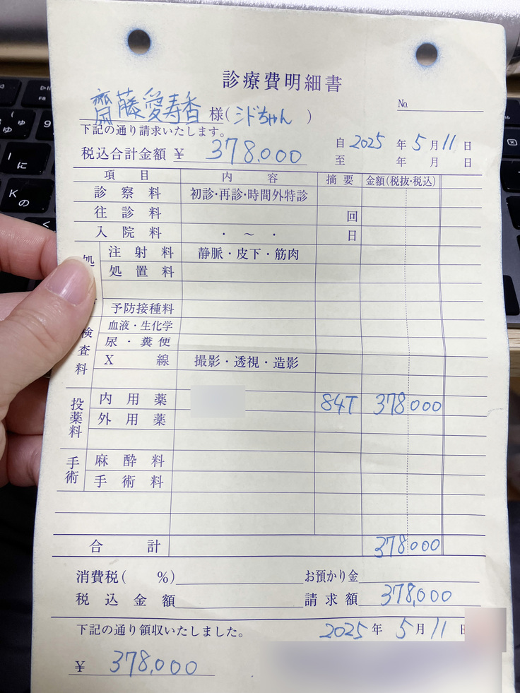 今回のお薬代の診療費明細書、378,000円です。