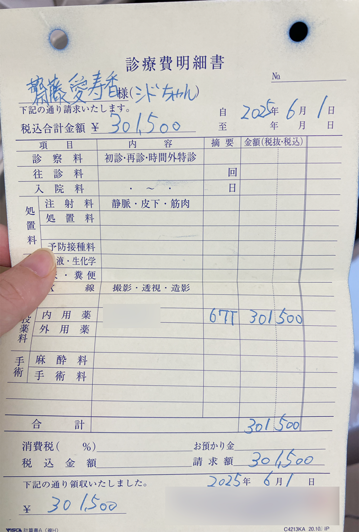 投薬代の領収書 30万1500円