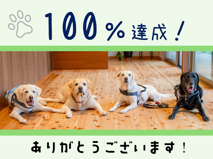 ４頭のリタイア犬が並んで伏せている写真に「１００％達成ありがとうございます」の文字がデザインされている。