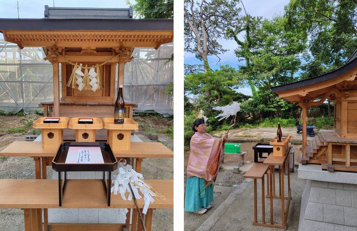 仮本殿にて御祓い、神様にご報告しました。